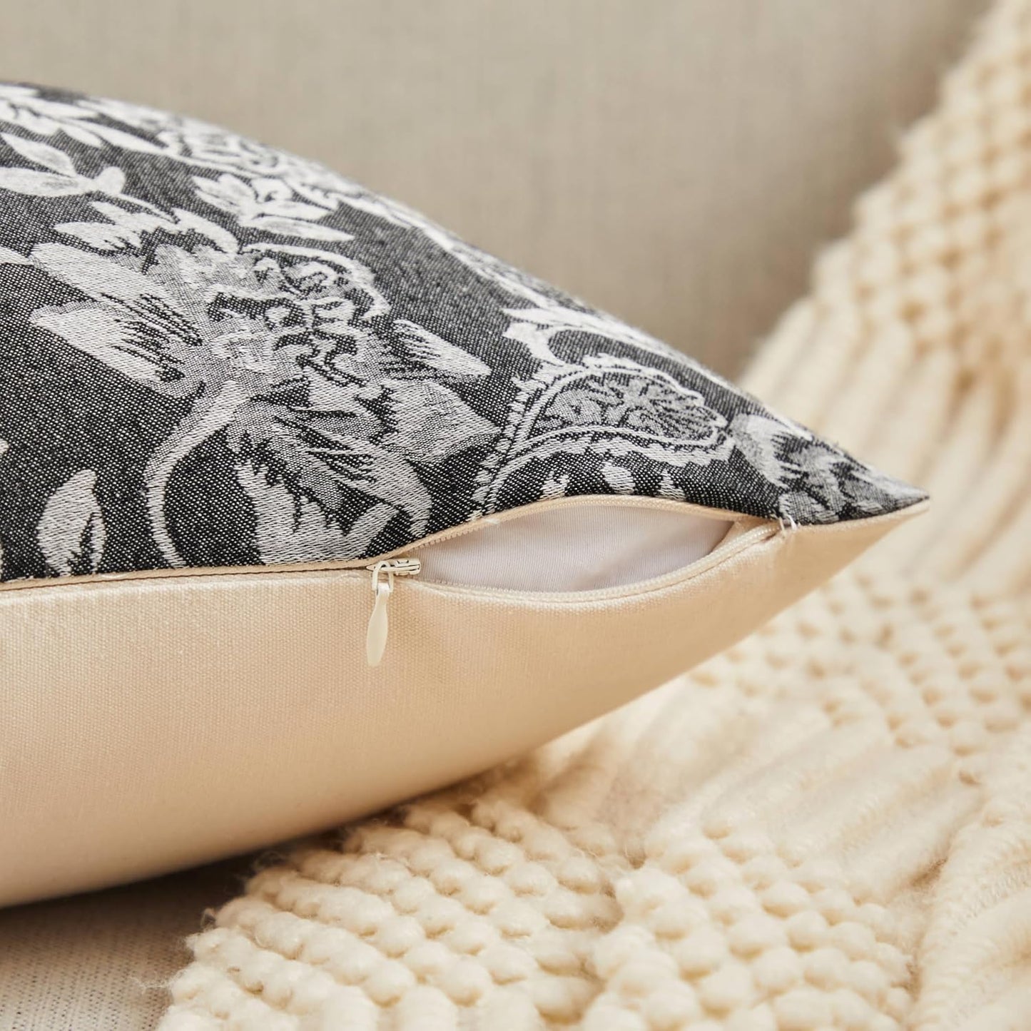 Floral Jacquard Throw Pillow Covers Set of 2, Background/Charcoal 22x22 Inch, Farmhouse Decorative Cotton Dark Grey Cushion Covers for Sofa Bed Living Room Home Decor