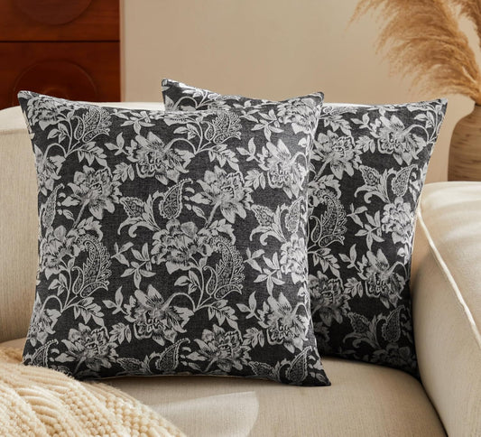 Floral Jacquard Throw Pillow Covers Set of 2, Background/Charcoal 20x20 Inch, Farmhouse Decorative Cotton Dark Grey Cushion Covers for Sofa Bed Living Room Home Decor