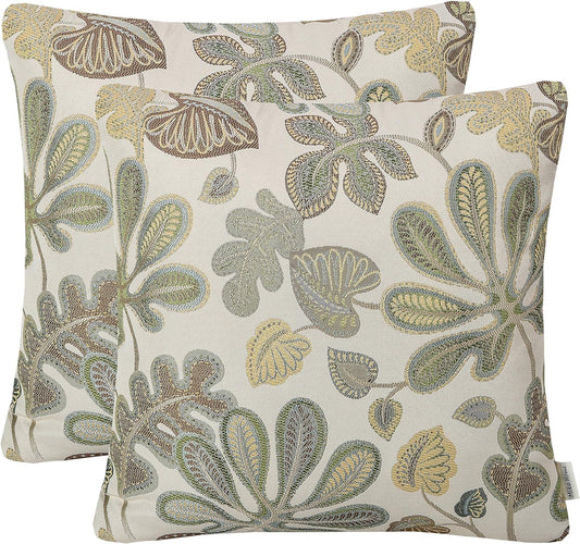 Set of 2 Jacquard Tropical Leaf Pattern Throw Pillow Covers Decorative Pillowcase 22X22 Inches,Green Cream